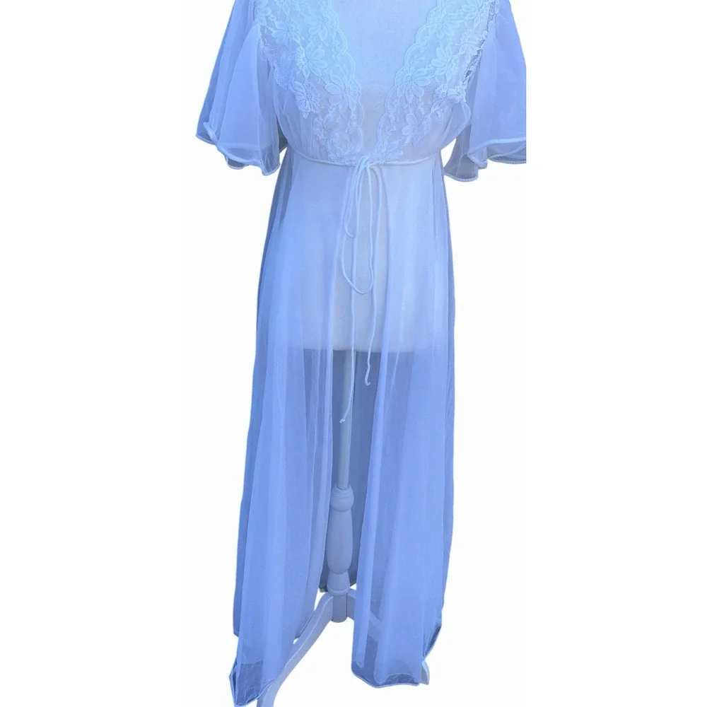 Vintage Vale Mode Sheer Lace Robe White Bridal Lingerie Nylon USA Small